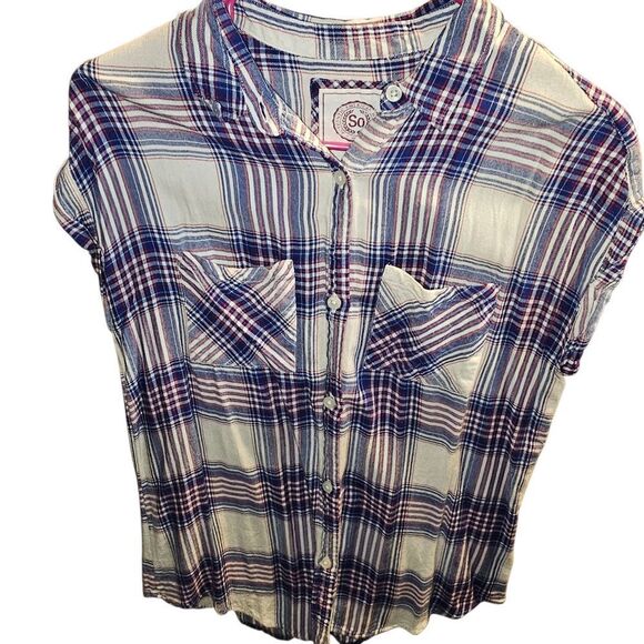SO Blue and White Button Down Shirt Casual Plaid - Picture 3 of 6